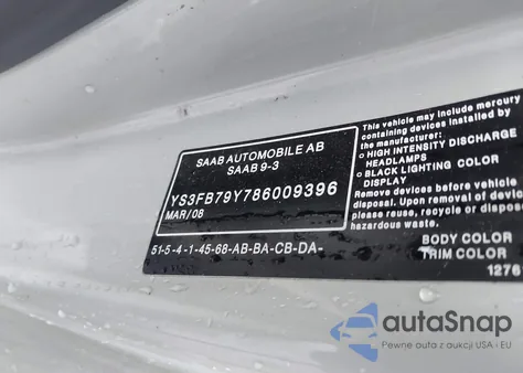 2008 Saab 9-3 2.0T z USA, uszkodzony, nr VIN YS3FB79Y786009396
